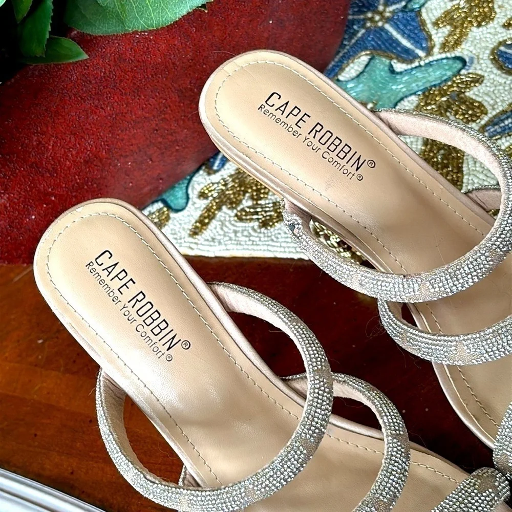 Cape Robbin Rhinestone Multi-Strap Square Toe High Heels Stilettos Sparkly Beige